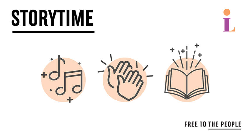 CLP Storytime logo with graphics of clapping hands, music notes, and a book. Text: Free to the people