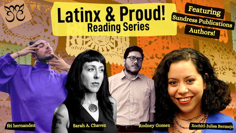 Colorful graphic with text: Latinx & Proud! Reading Series with photos of each panelist.