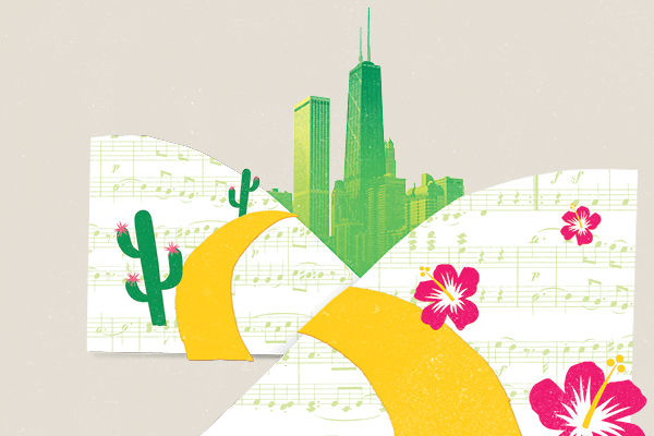 Art for city theatre Somewhere Over The Border shows flower, a cactus, musical notes and the Chicago skyline