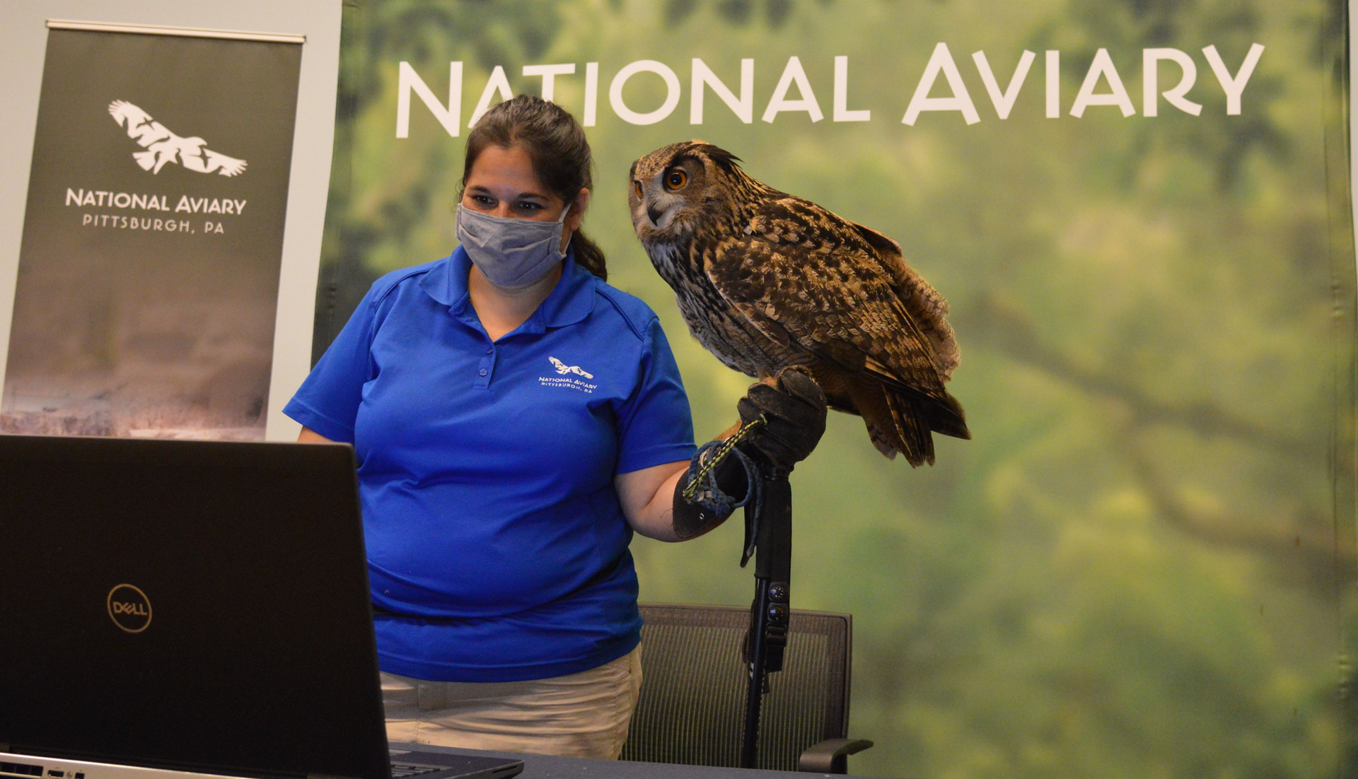 National Aviary staff holds large owl in front of a computer screen for a distance learning program.