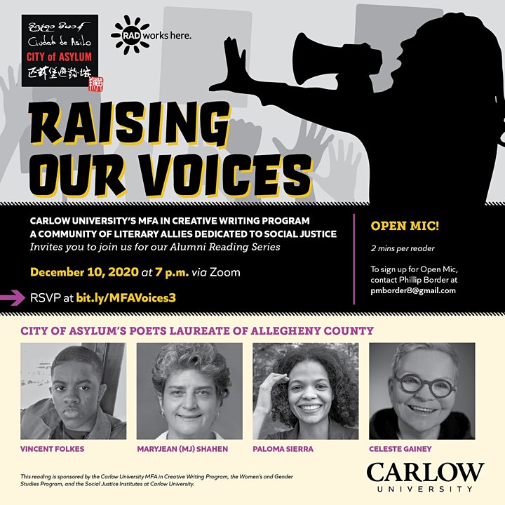Graphic with a silhouette person speaking into a megaphone with the text: Raising Our Voices; below, headshots of City of Asylum's four poets laureate