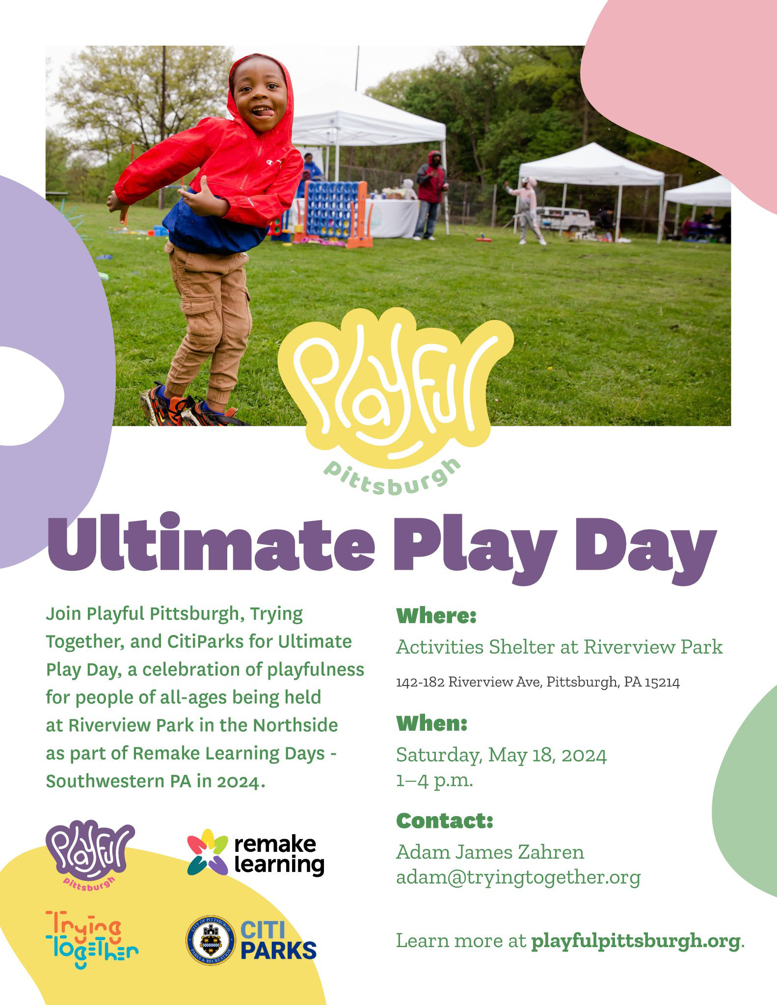 Join Playful Pittsburgh, Trying Together, and CitiParks for Ultimate Play Day, a celebration of playfulness for people of all-ages being held at Riverview Park in the Northside as part of Remake Learning Days - Southwestern PA in 2024 - Saturday, May 18, 2024 1-4 p.m.