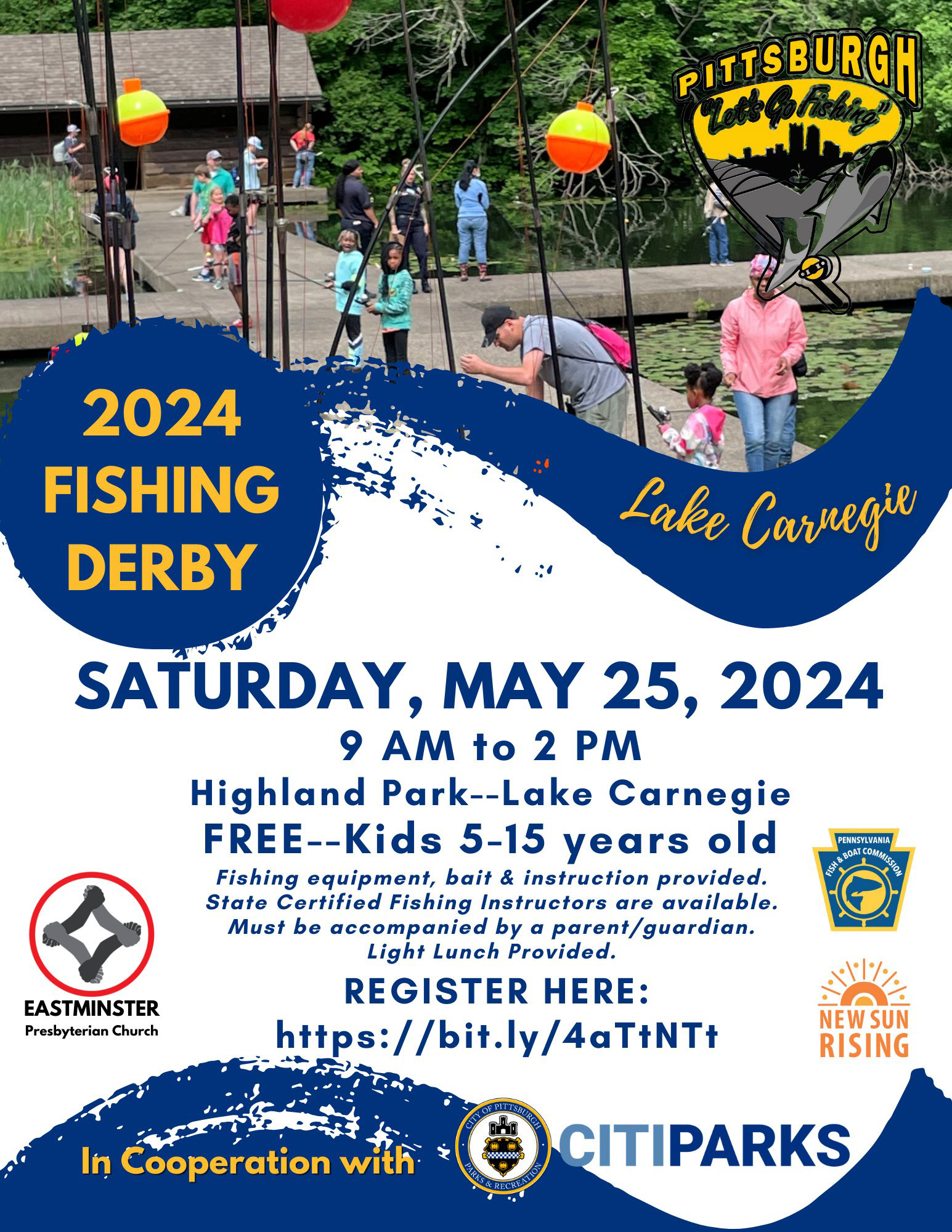 2024 Fishing Derby - Saturday, May 25, 2024 - 9 AM to 2 PM - Highland Park - Lake Carnegie - FREE - Kids 5-15 years old - Fishing equipment, bait & instruction provided. State certified fishing instructors are available. Must be accompanied by a parent/guardian. Light lunch provided.