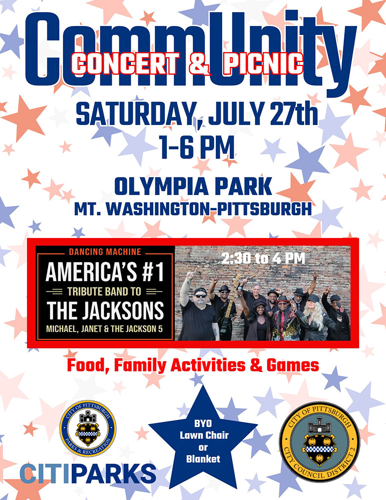 CommUnity Concert & Picnic, Saturday, July 27th, 1-6 PM, Olympia Park, Mt. Washington - Pittsburgh - Dancing Machine, America's #1 Tribute Band to the Jacksons - 2:30 to 4 PM