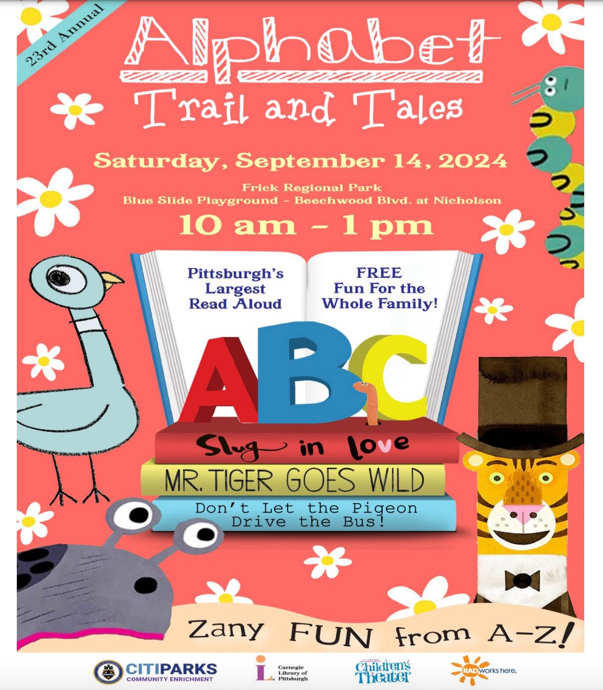 23rd Annual Alphabet Trail and Tales - Saturday, September 14, 2024 - Frick Regional Park, Blue Slide Playground, Beechwood Blvd at Nicholson, 10am - 1 PM